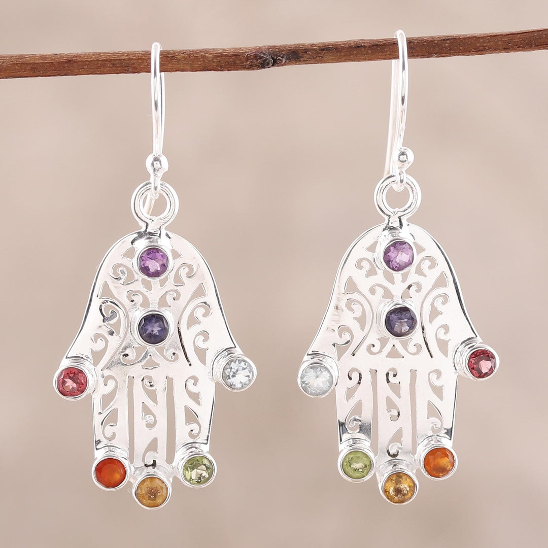 Multi-Gemstone Hamsa Chakra Dangle Earrings from India - Hamsa Chakra