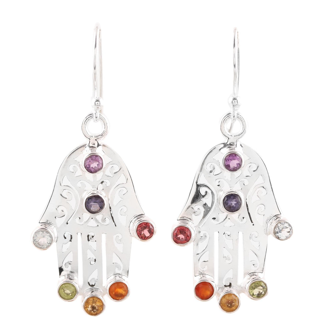 Multi-Gemstone Hamsa Chakra Dangle Earrings from India - Hamsa Chakra
