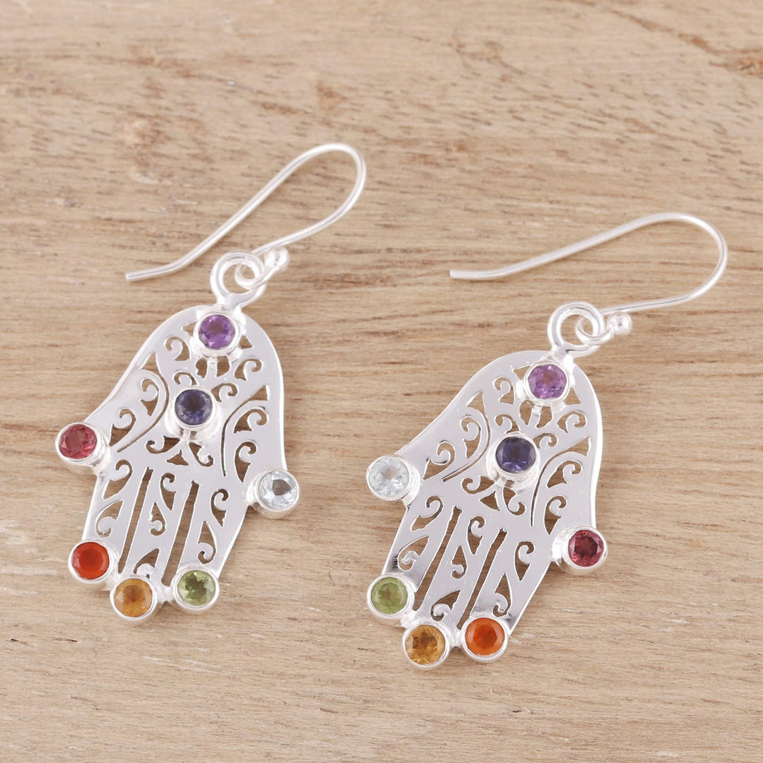 Multi-Gemstone Hamsa Chakra Dangle Earrings from India - Hamsa Chakra