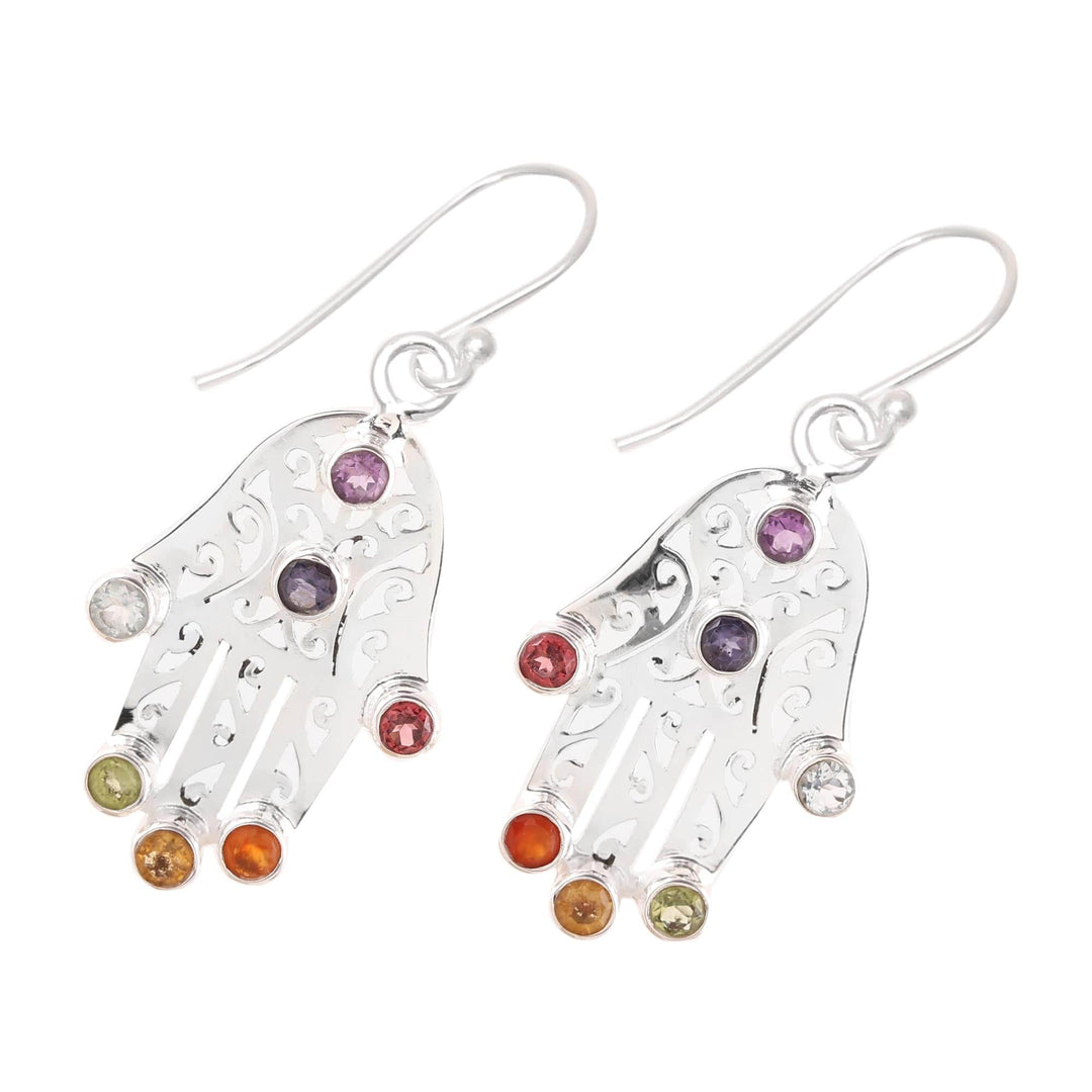 Multi-Gemstone Hamsa Chakra Dangle Earrings from India - Hamsa Chakra