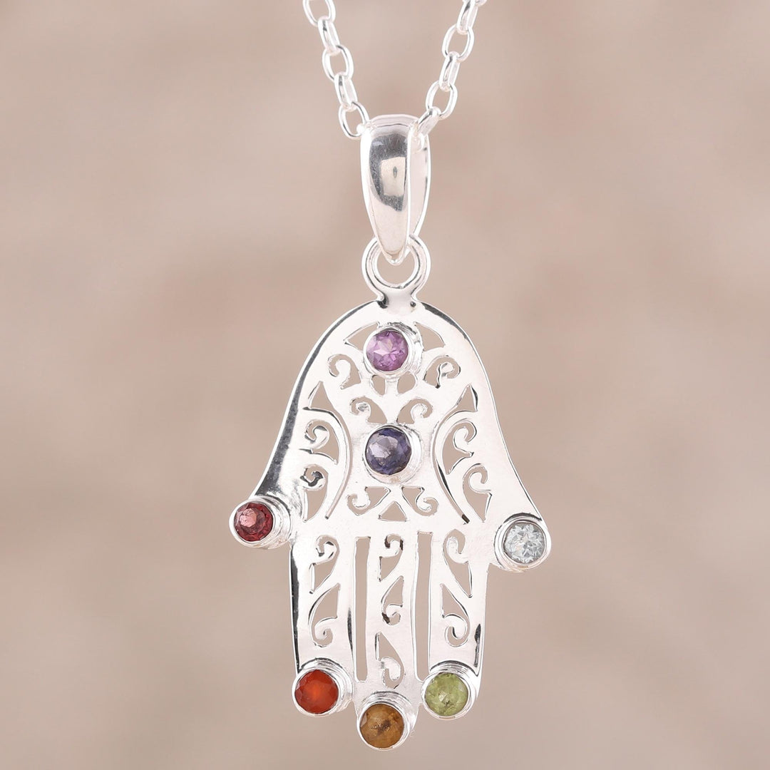 Multi-Gemstone Hamsa Chakra Pendant Necklace from India - Hamsa Chakra