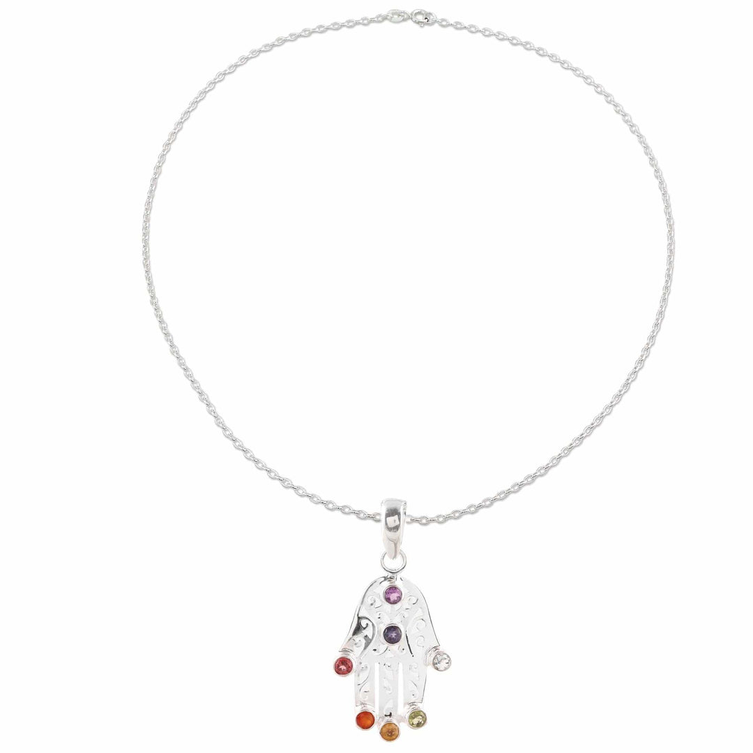 Multi-Gemstone Hamsa Chakra Pendant Necklace from India - Hamsa Chakra