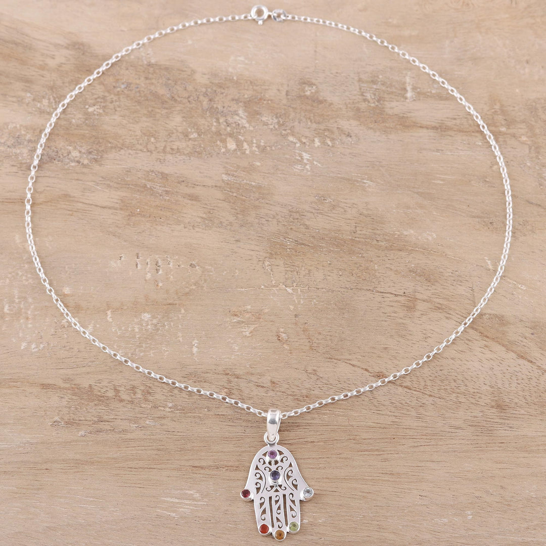 Multi-Gemstone Hamsa Chakra Pendant Necklace from India - Hamsa Chakra
