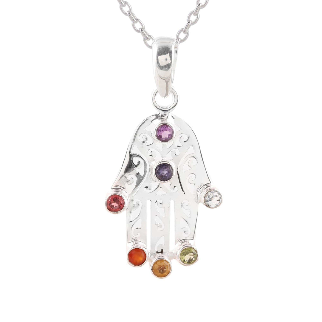 Multi-Gemstone Hamsa Chakra Pendant Necklace from India - Hamsa Chakra