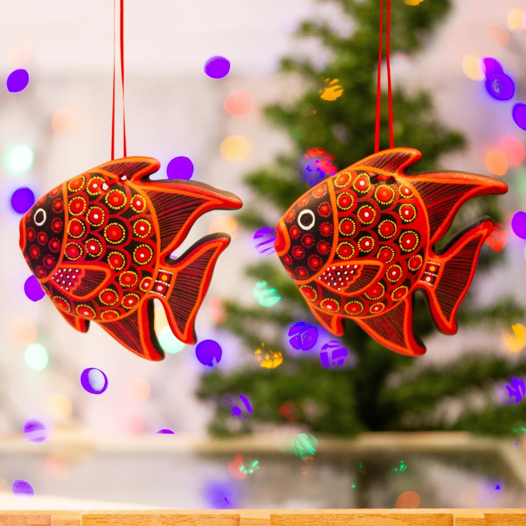 Hand Painted Ceramic Fish Ornaments in Red Pair Red Fish GlobeIn