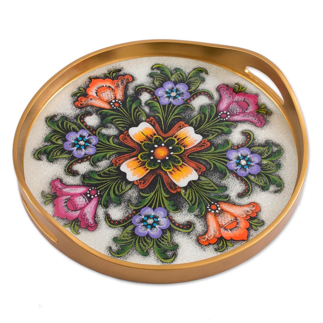 Tulip Motif Reverse-Painted Glass Tray in White - Tulips Beauty in White
