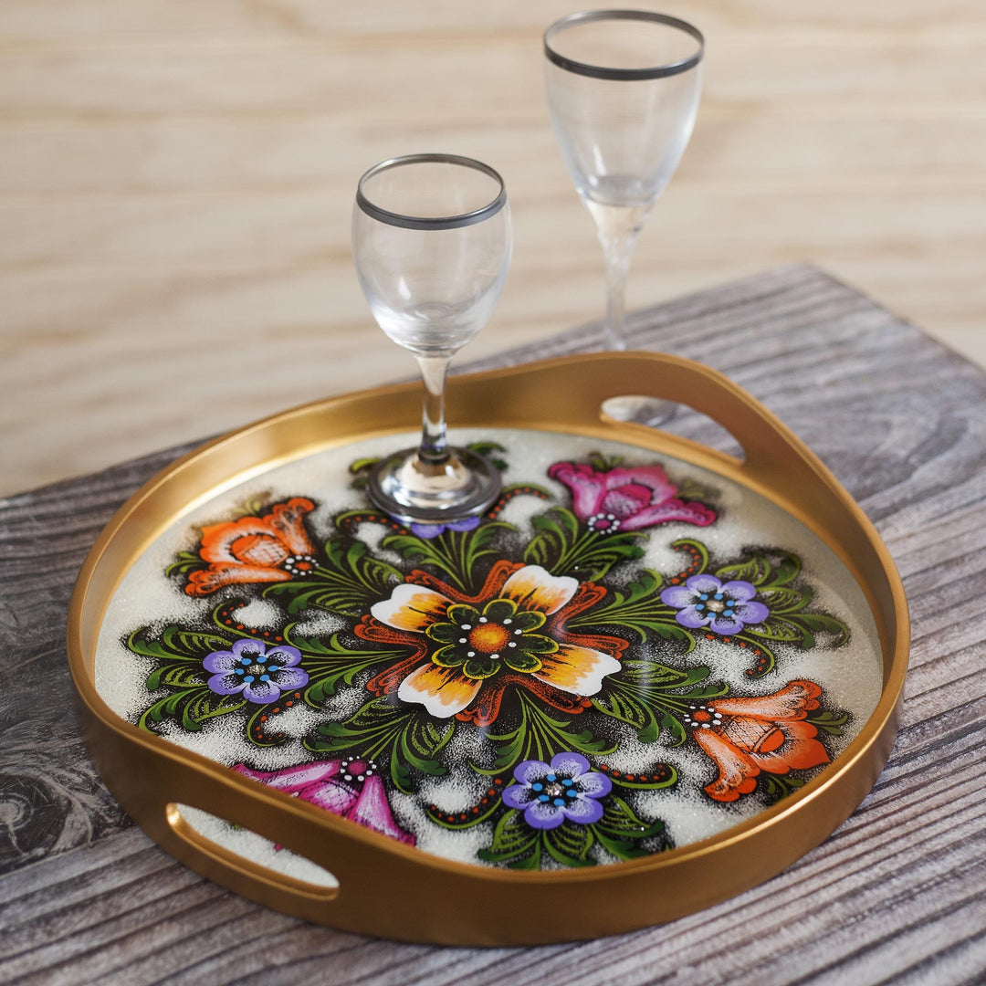 Tulip Motif Reverse-Painted Glass Tray in White - Tulips Beauty in White