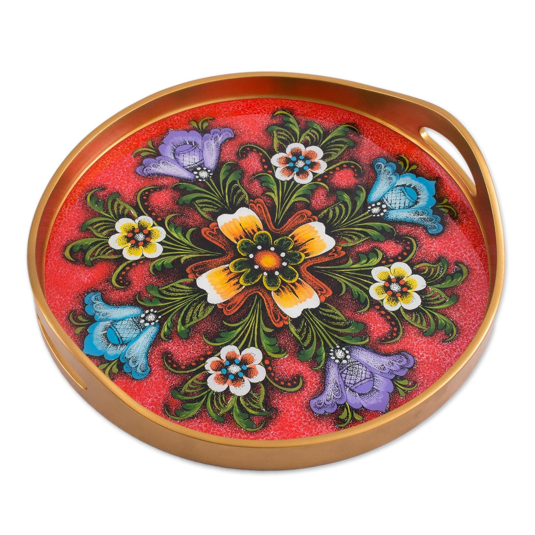 Tulip Motif Reverse-Painted Glass Tray in Red - Tulip Beauty in Red