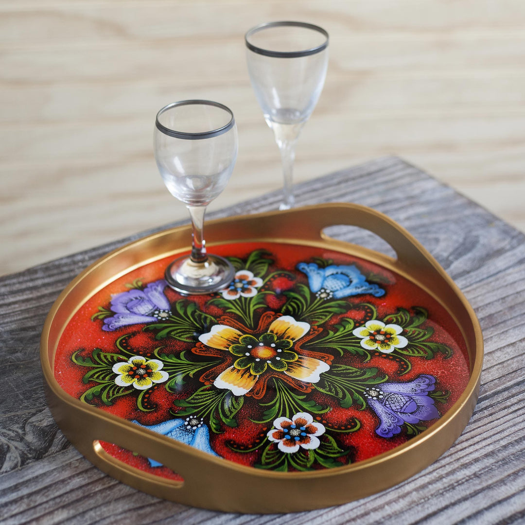 Tulip Motif Reverse-Painted Glass Tray in Red - Tulip Beauty in Red