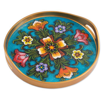 Tulip Motif Reverse-Painted Glass Tray in Blue - Tulip Beauty in Blue