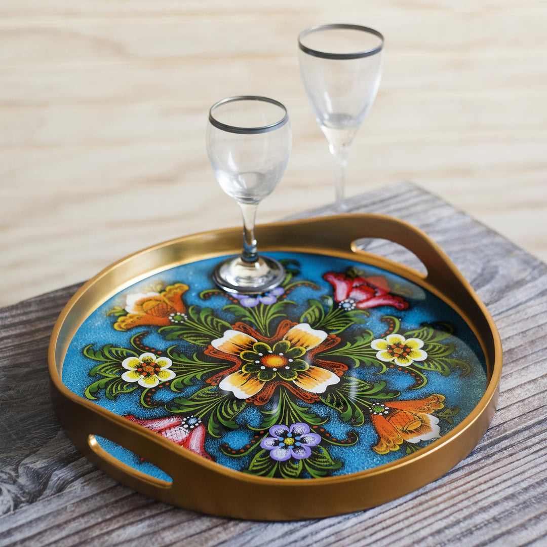Tulip Motif Reverse-Painted Glass Tray in Blue - Tulip Beauty in Blue