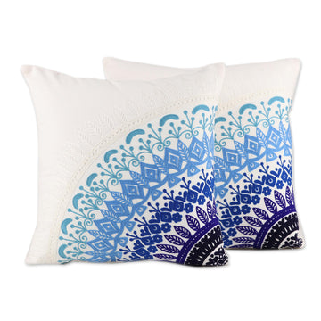 Embroidered Cotton Cushion Covers in Blue from India (Pair) - Divine Orchard in Blue