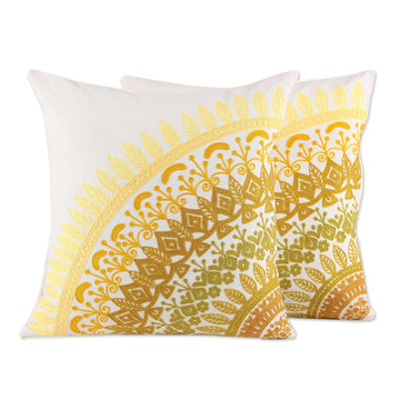 Embroidered Cotton Cushion Covers in Yellow (Pair) - Divine Orchard in Yellow