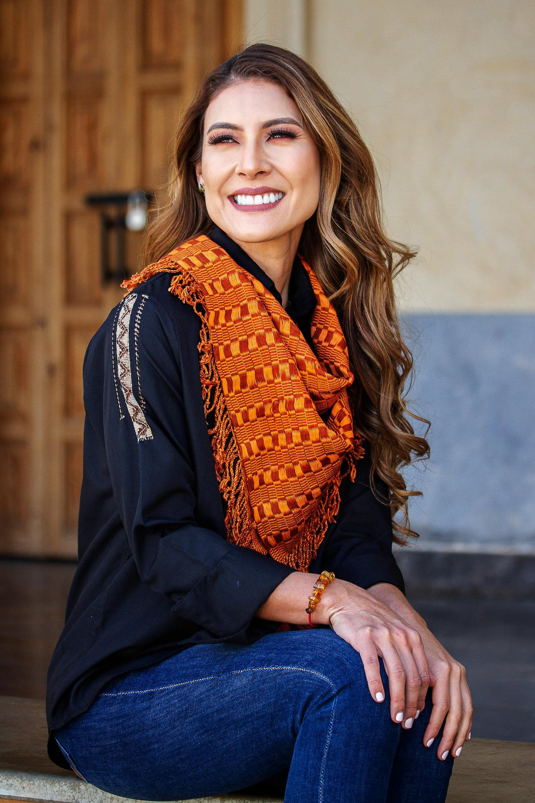 Cotton Scarf in Sunrise and Mahogany from Mexico - Mexican Sunrise
