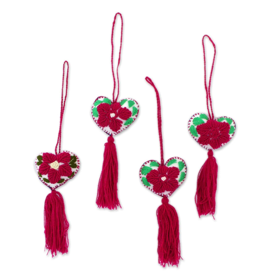 Heart-Shaped Floral Cotton and Wool Ornaments (Set of 4) - Cherry Tree Hearts