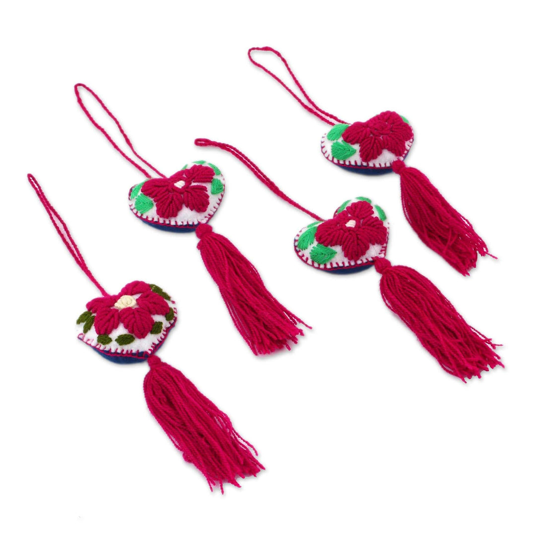 Heart-Shaped Floral Cotton and Wool Ornaments (Set of 4) - Cherry Tree Hearts