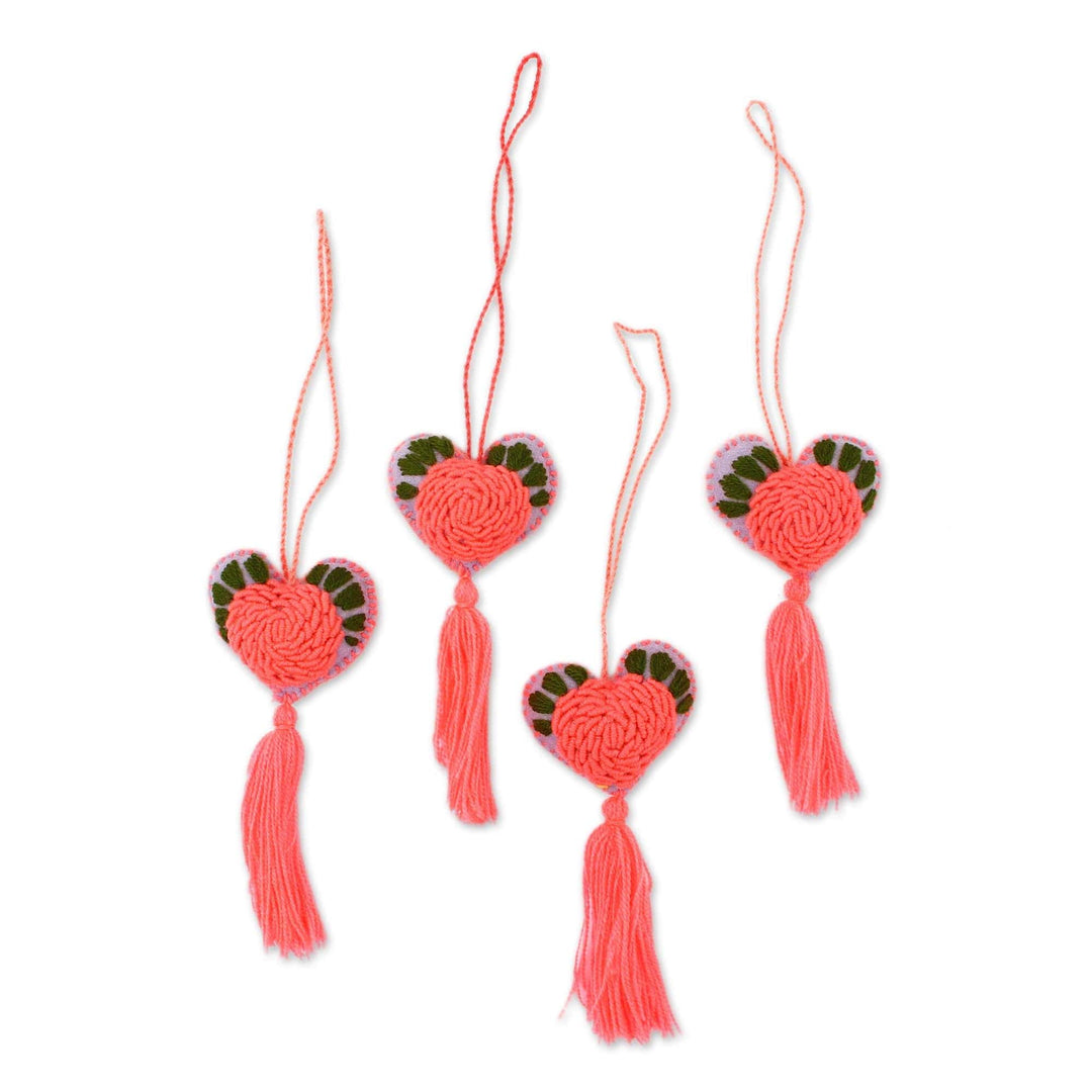 Cotton-Embroidered Heart-Shaped Wool Ornaments (Set of 4) - Blush Rose