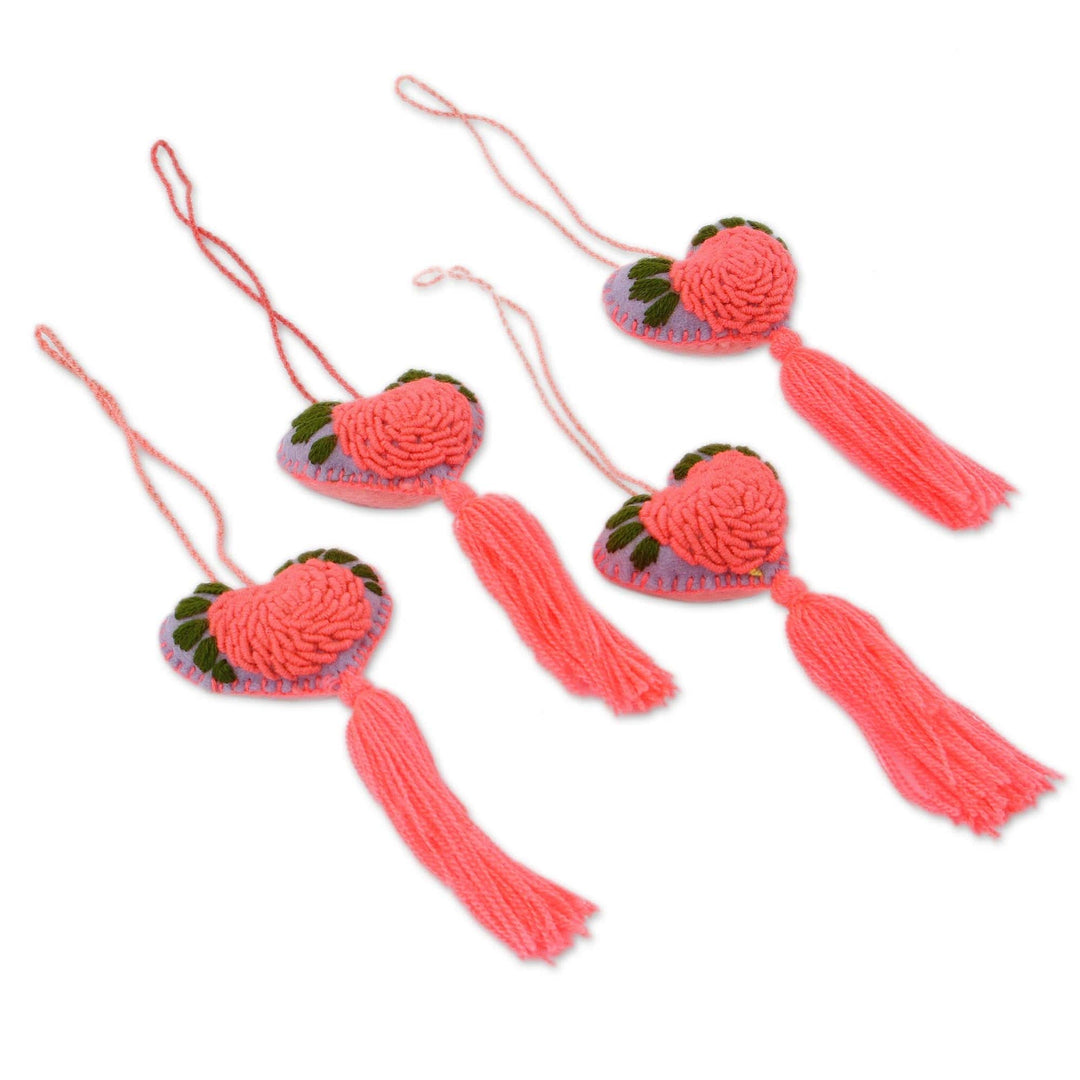 Cotton-Embroidered Heart-Shaped Wool Ornaments (Set of 4) - Blush Rose