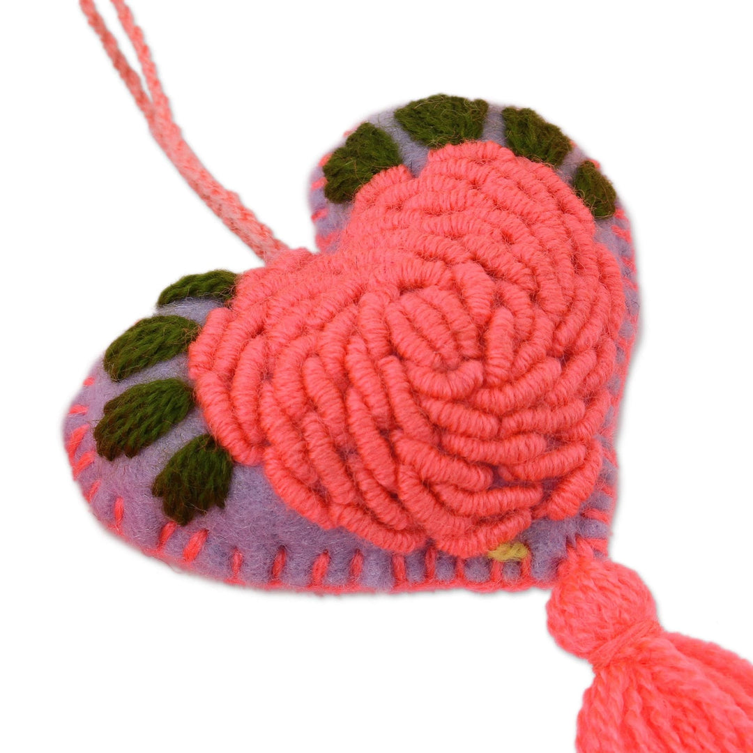 Cotton-Embroidered Heart-Shaped Wool Ornaments (Set of 4) - Blush Rose