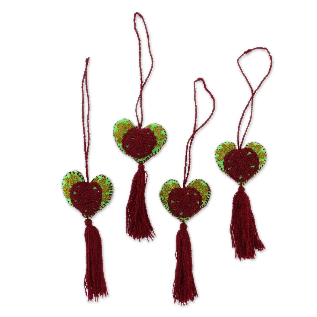 Cotton and Wool Ornaments with Maroon Flowers (Set of 4) - Maroon Bloom