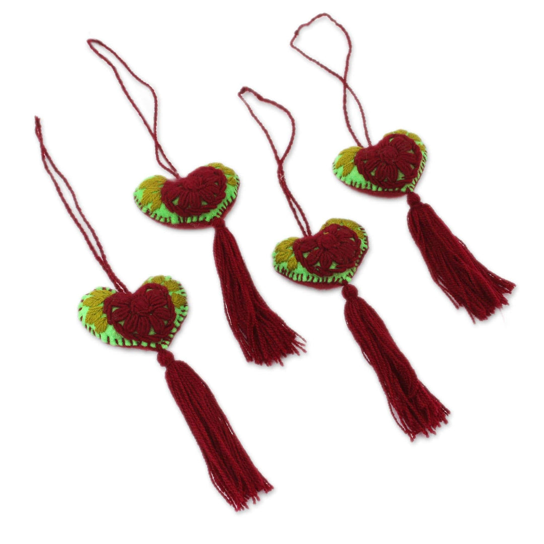 Cotton and Wool Ornaments with Maroon Flowers (Set of 4) - Maroon Bloom
