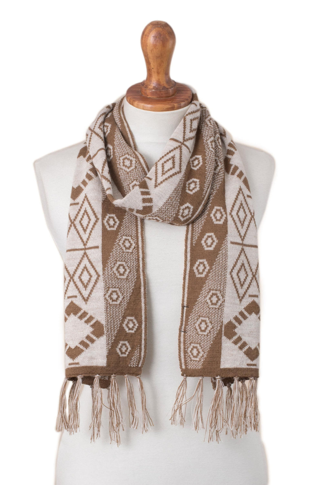 Geometric Alpaca Blend Scarf in Ivory and Sepia from Peru - Inca Inspiration