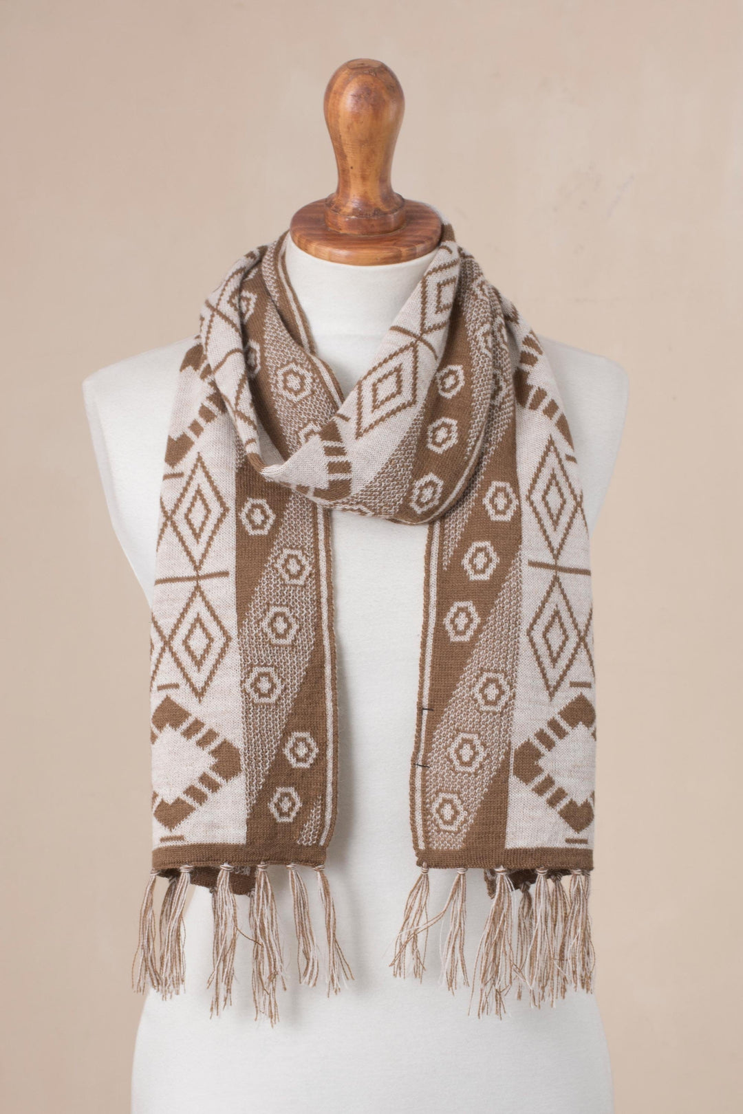 Geometric Alpaca Blend Scarf in Ivory and Sepia from Peru - Inca Inspiration