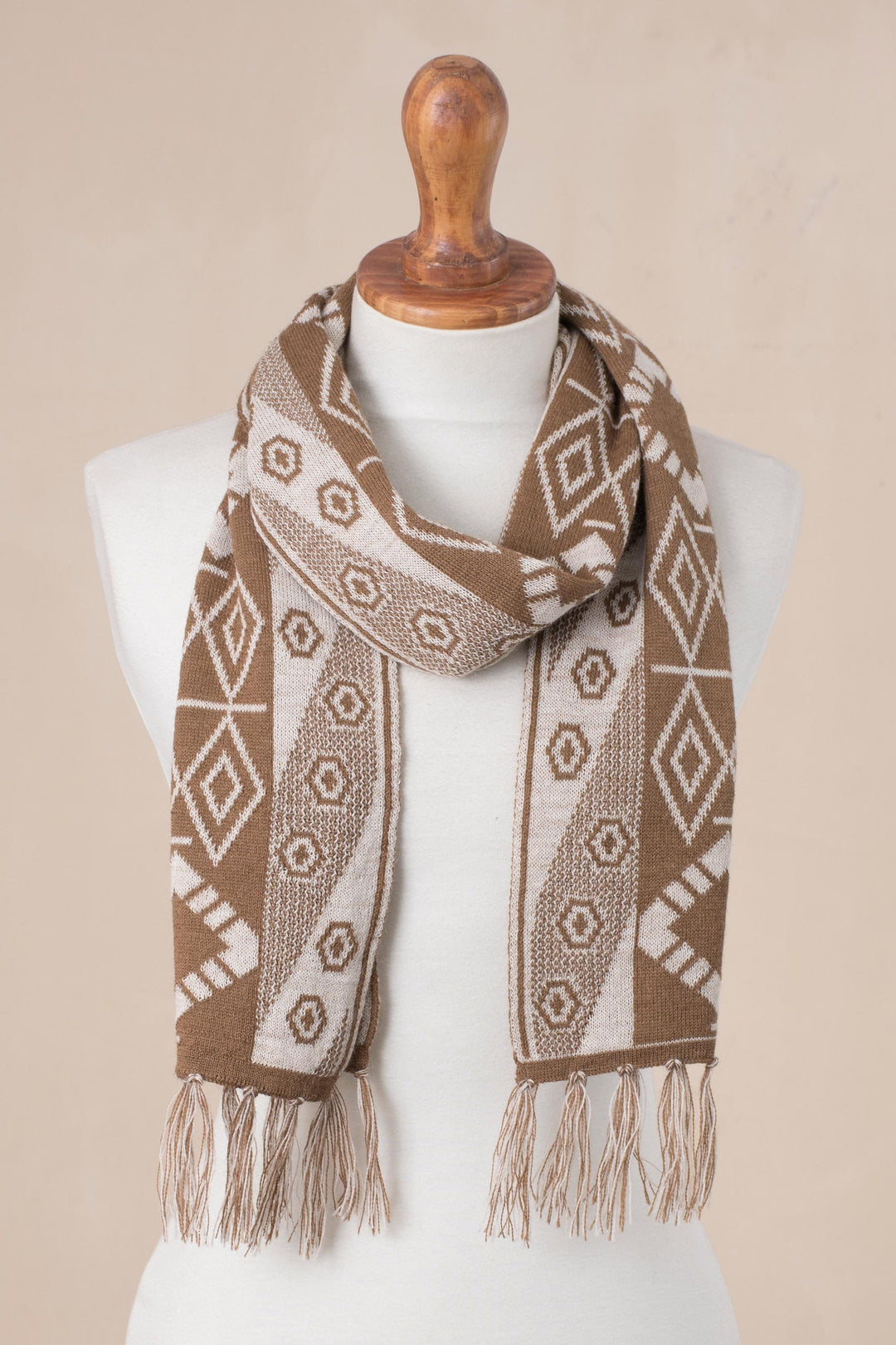Geometric Alpaca Blend Scarf in Ivory and Sepia from Peru - Inca Inspiration