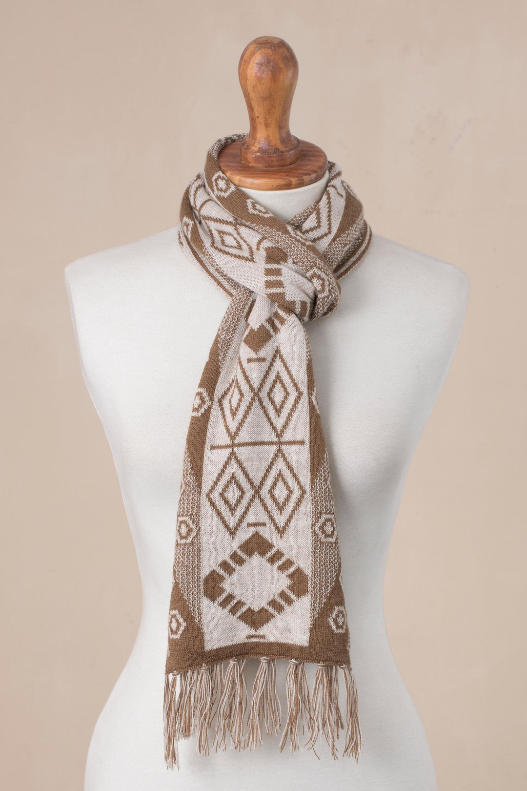 Geometric Alpaca Blend Scarf in Ivory and Sepia from Peru - Inca Inspiration