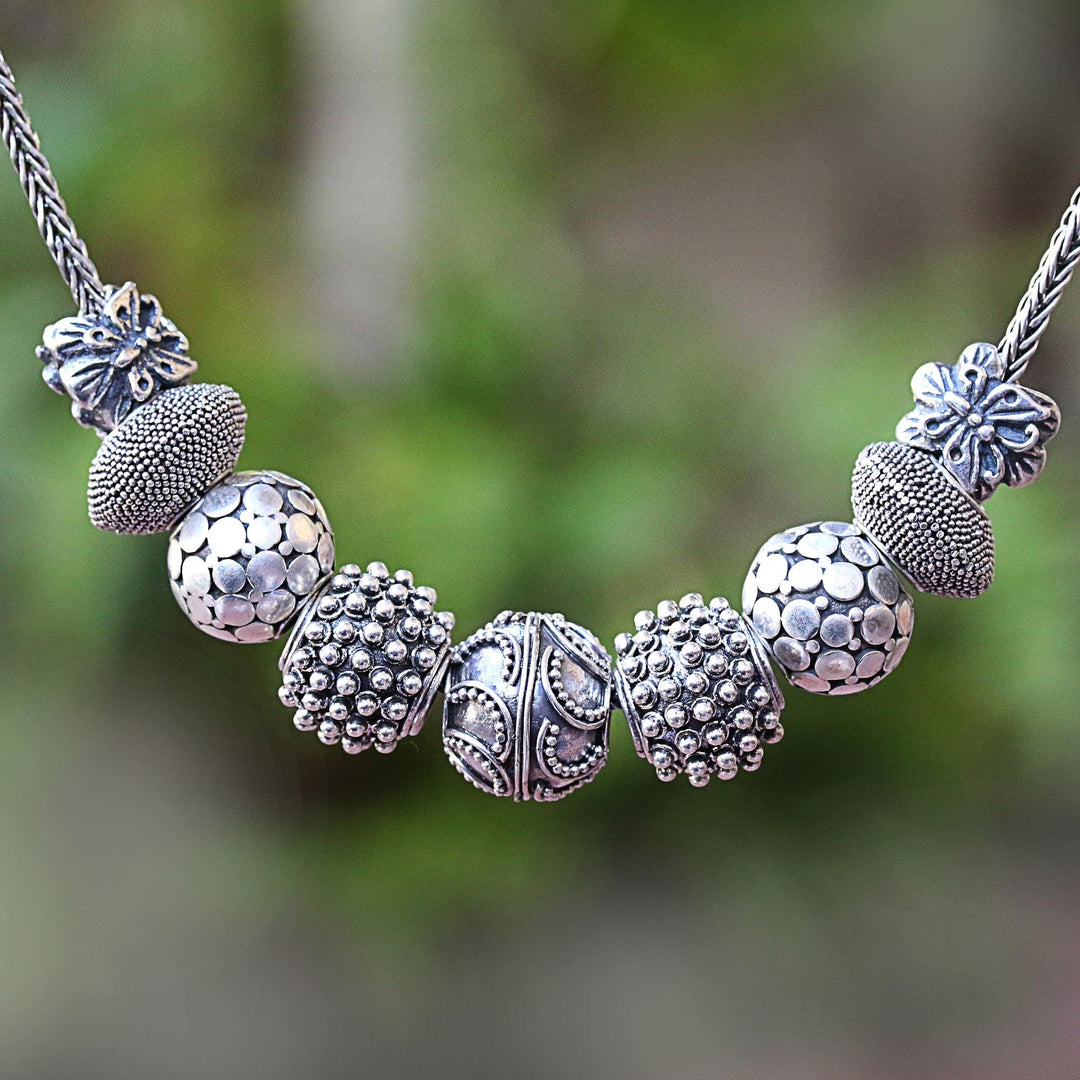 Sterling Silver Beaded Pendant Necklace from Bali - Round Lanterns