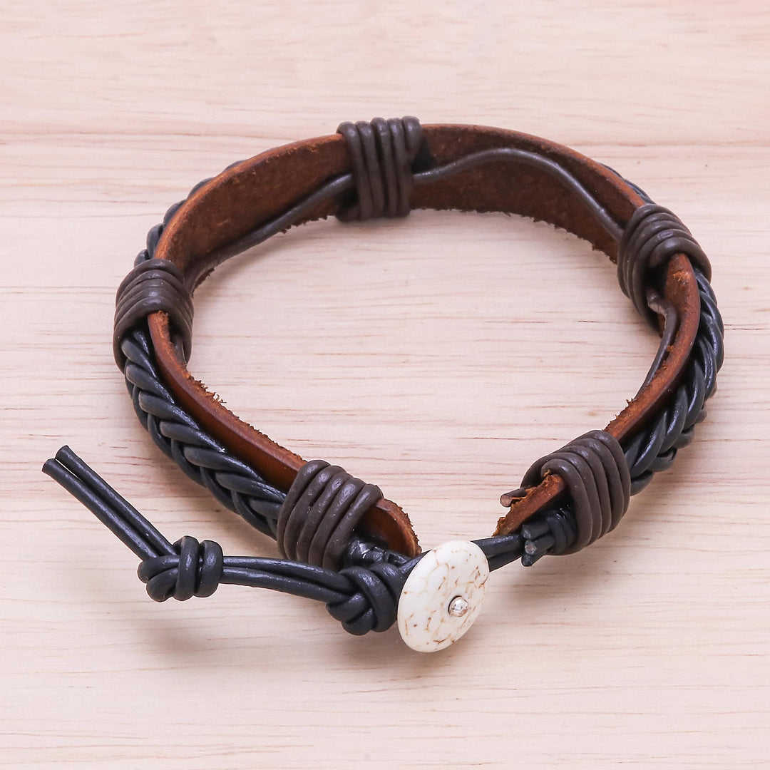 Braided Leather Wristband Bracelet in Black from Thailand - Perfect Style in Black