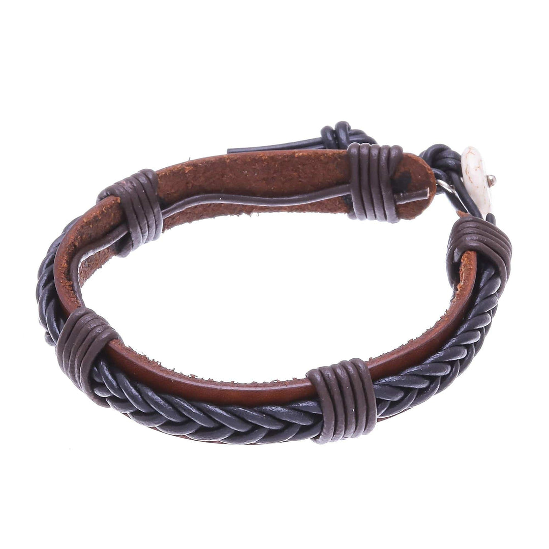 Braided Leather Wristband Bracelet in Black from Thailand - Perfect Style in Black