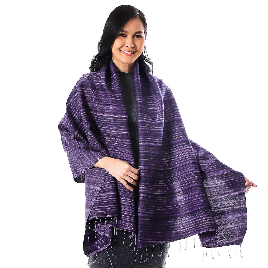 Striped Silk and Cotton Blend Shawl in Purple from Thailand - Gorgeous Stripes in Purple