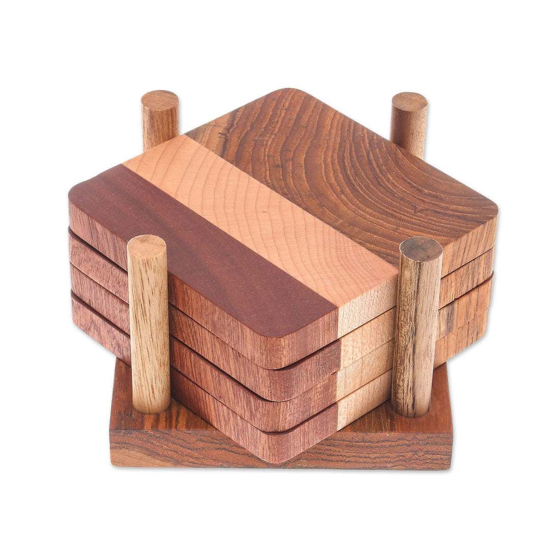 Handmade Wood Coasters and Holder from Thailand (Set of 4) - Cool Nature