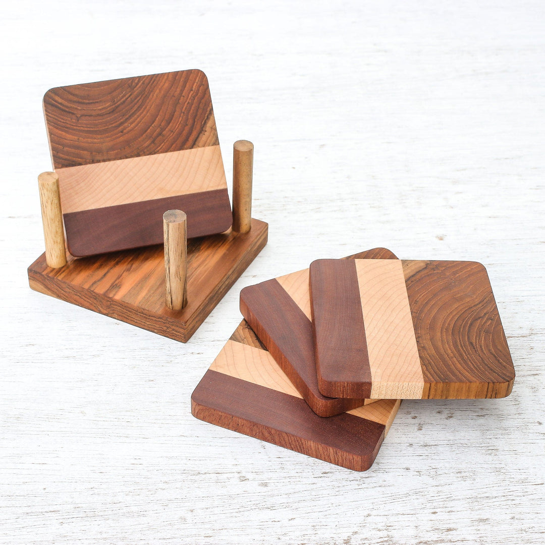 Handmade Wood Coasters and Holder from Thailand (Set of 4) - Cool Nature