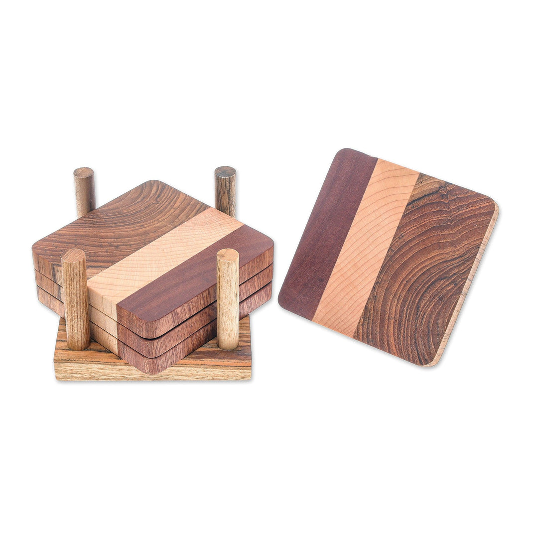 Handmade Wood Coasters and Holder from Thailand (Set of 4) - Cool Nature