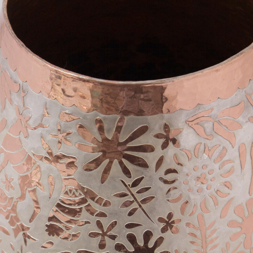 Animal Motif Silver Accented Copper Vase from Mexico - Gleaming Fauna