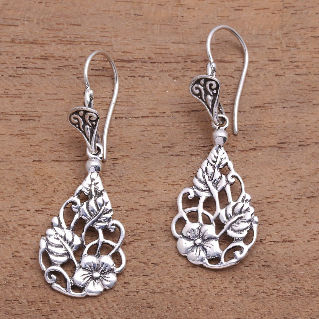 Floral Teardrop Sterling Silver Dangle Earrings from Bali - Garden Teardrops