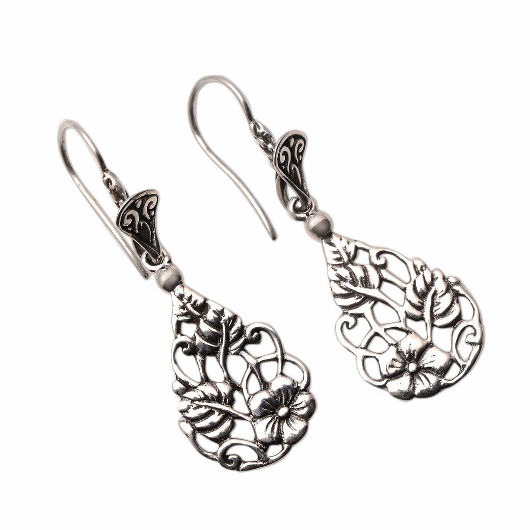 Floral Teardrop Sterling Silver Dangle Earrings from Bali - Garden Teardrops