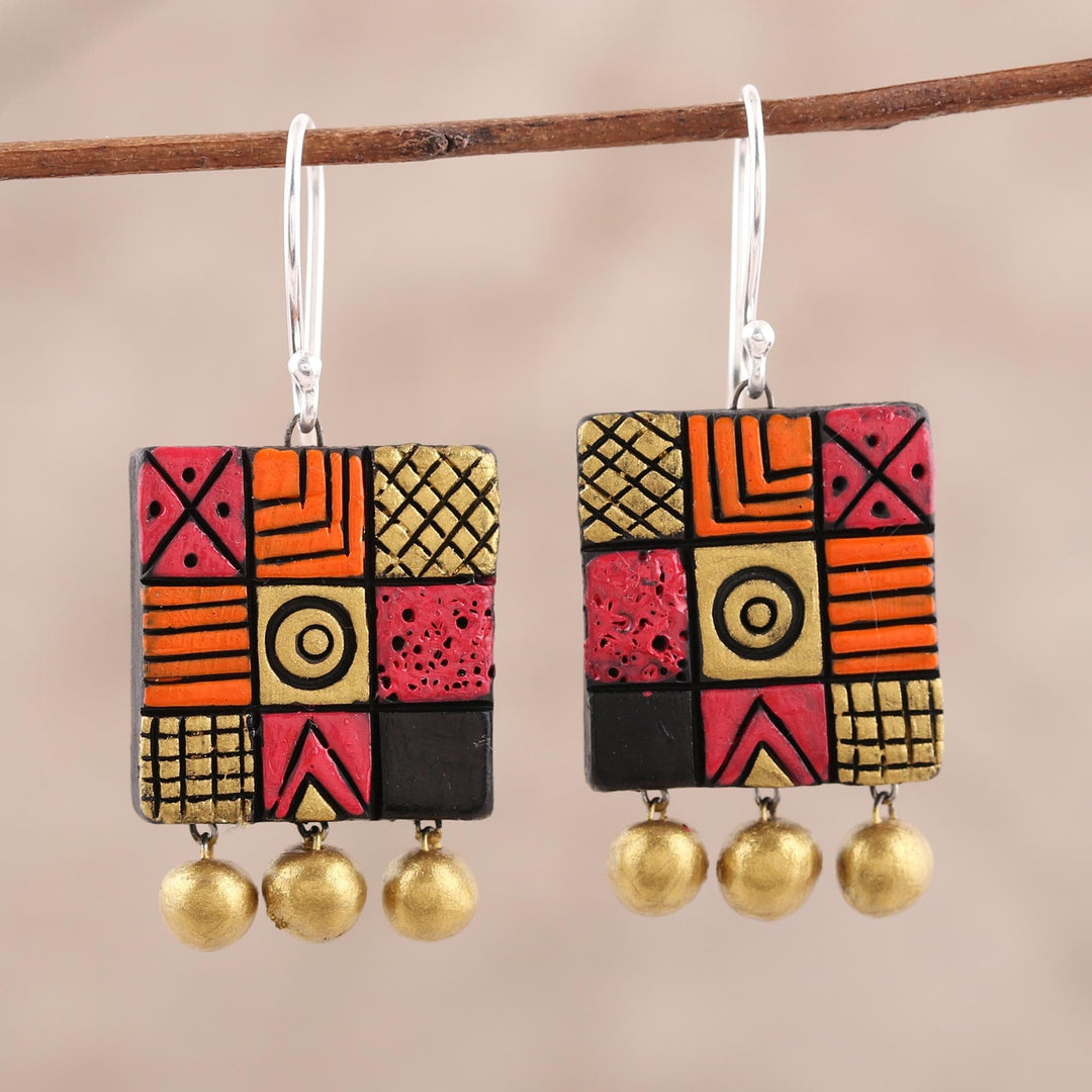 Hand-Painted Square Ceramic Chandelier Earrings from India - Creative Fusion