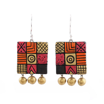 Hand-Painted Square Ceramic Chandelier Earrings from India - Creative Fusion