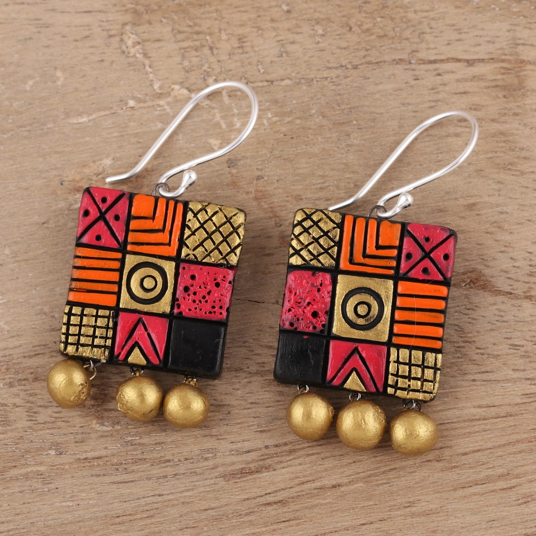 Hand-Painted Square Ceramic Chandelier Earrings from India - Creative Fusion