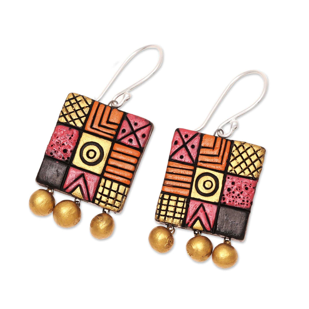 Hand-Painted Square Ceramic Chandelier Earrings from India - Creative Fusion