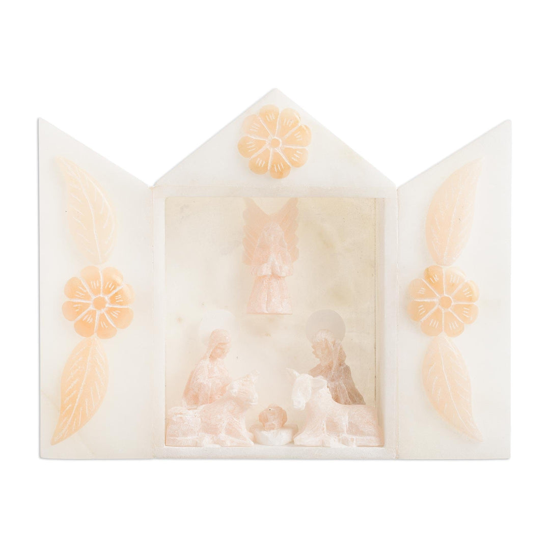Ivory-Hued Alabaster Nativity Scene from Peru (8.5 in.) - Floral Birth