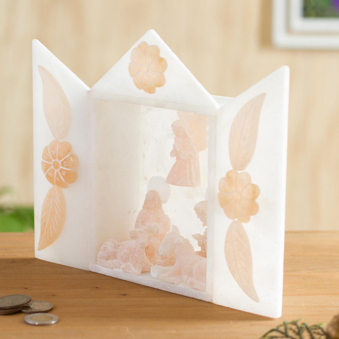 Ivory-Hued Alabaster Nativity Scene from Peru (8.5 in.) - Floral Birth