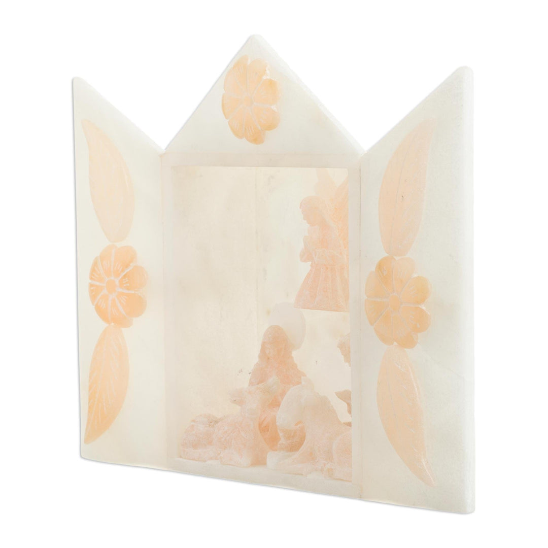 Ivory-Hued Alabaster Nativity Scene from Peru (8.5 in.) - Floral Birth
