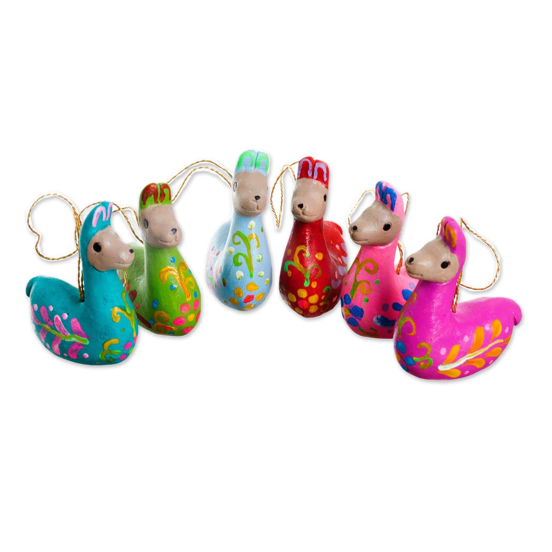Hand-Painted Ceramic Llama Ornaments from Peru (Set of 6) - Llama Family