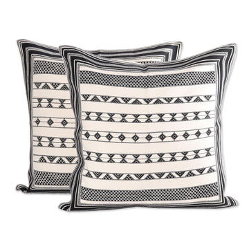 Cotton Cushion Covers with Black Geometric Patterns (Pair) - Geometric Stripes