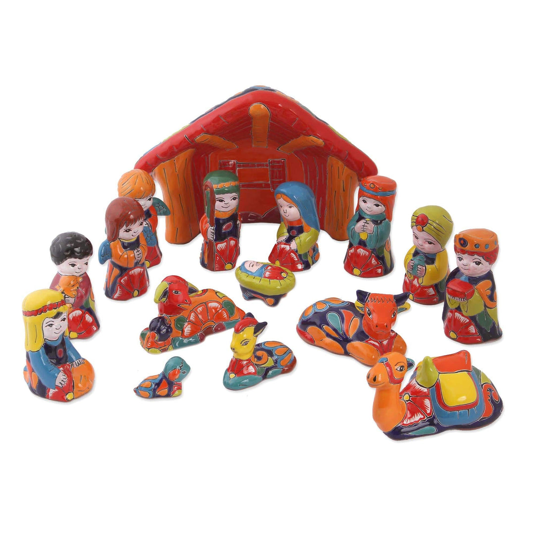 Talavera Ceramic Nativity Scene from Mexico (16 Piece) - Talavera Nativity