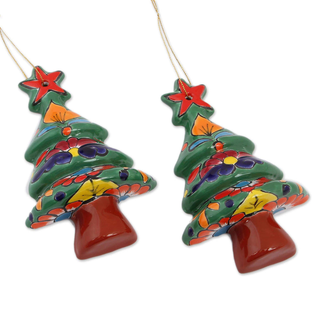 Floral Ceramic Christmas Tree Ornaments from Mexico (Pair) - Talavera Celebration